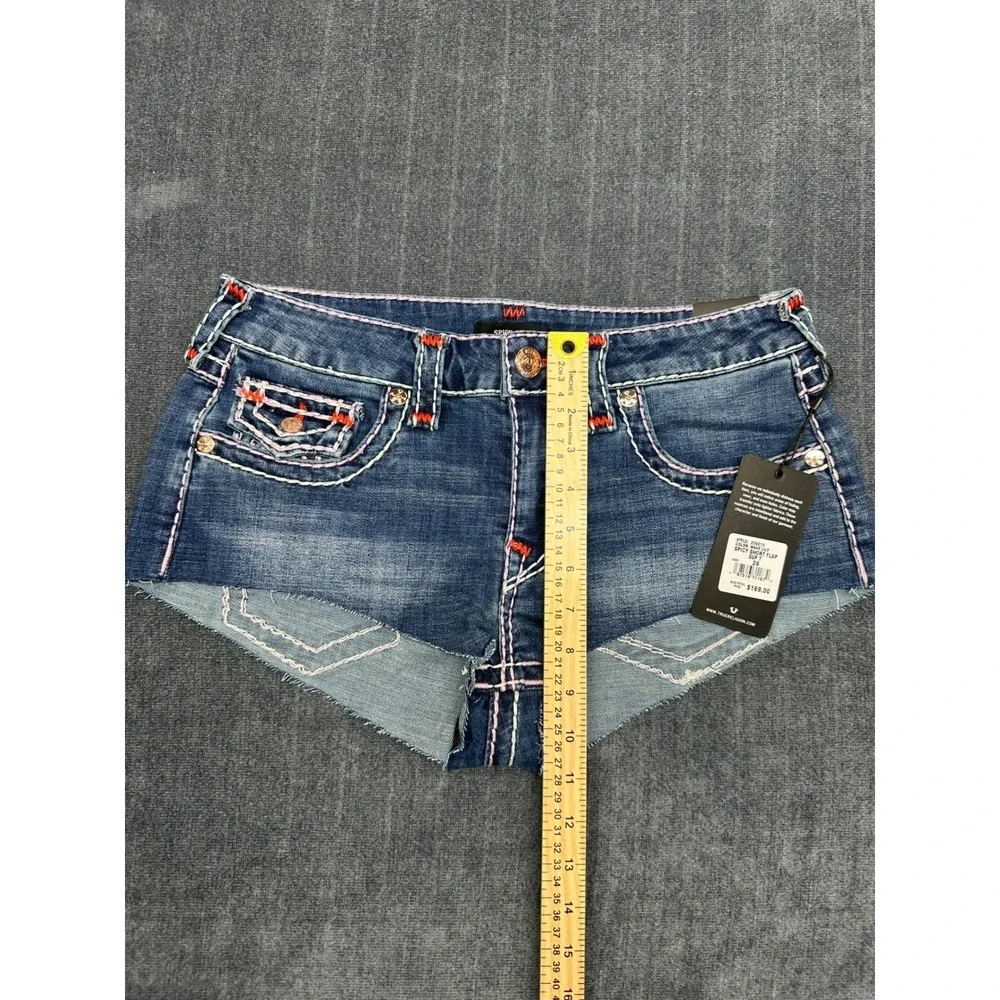 True Religion Spicy Short Flap Super T Denim Shorts Wave Lily Blue‎ W29 NEW